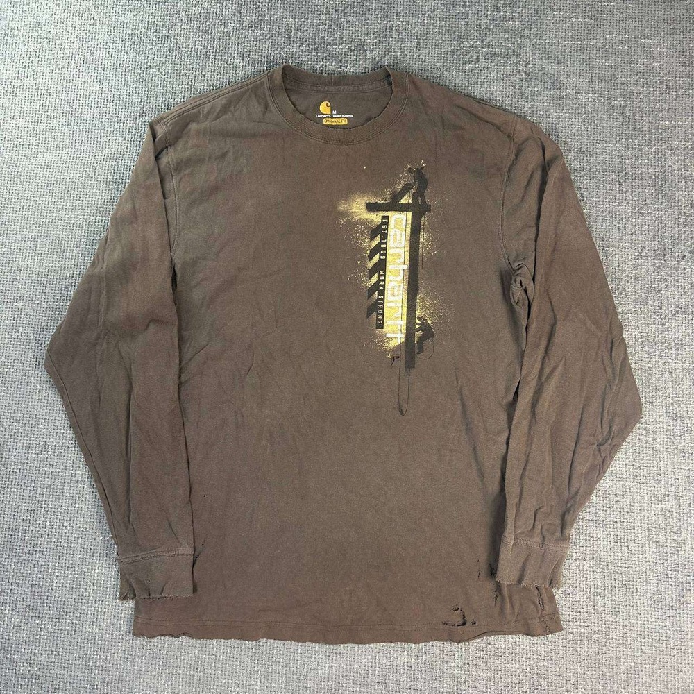 Carhartt Graphic Long Sleeve Shirt Mens Medium Brown Distressed Work Strong Tee